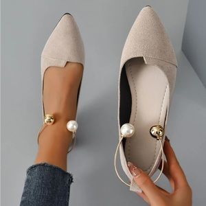 Women Faux Pearl Decor Point Toe Ankle Strap Flats, Elegant Apricot Faux Suede